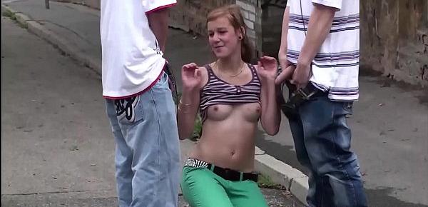  Hot blonde teen Alexis Crystal public gang bang orgy threesome with 2 young guys